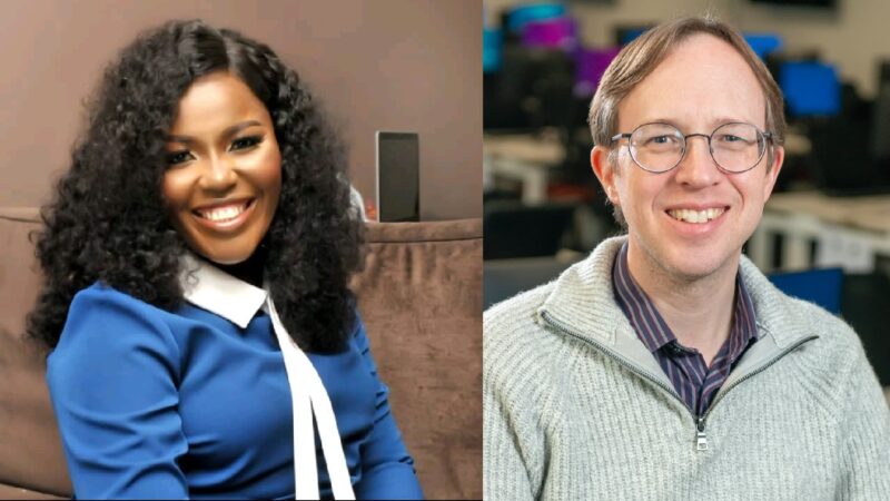 Side-by-side smiling images of a black woman with long hair and a white man with sandy hair and glasses.
