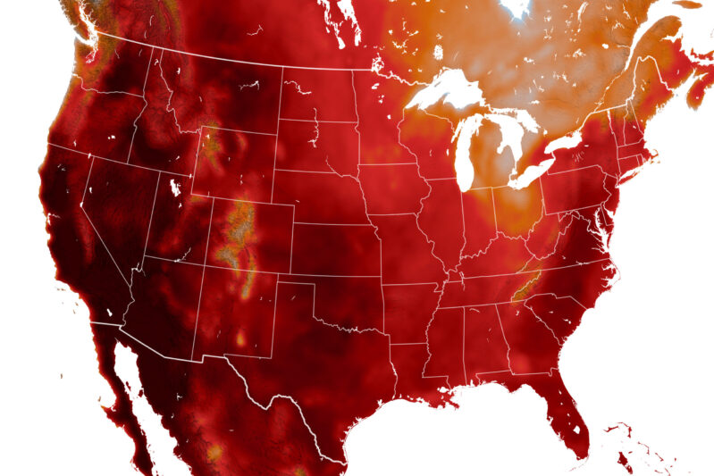 Map of US in shades of red and orange, almost black west of the Rockies and along the eastern seaboard.