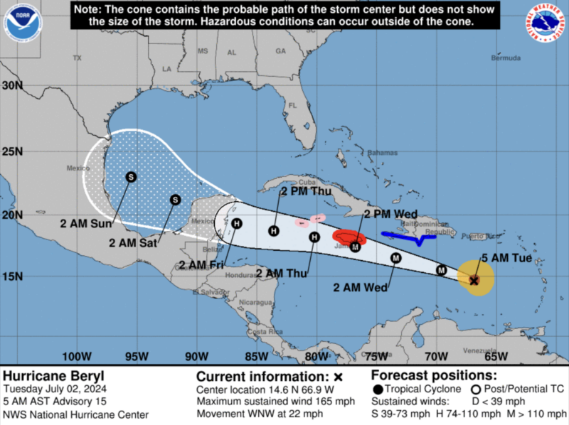 Map showing Hurricane Beryl's path from Tuesday, July 2, to Sunday.