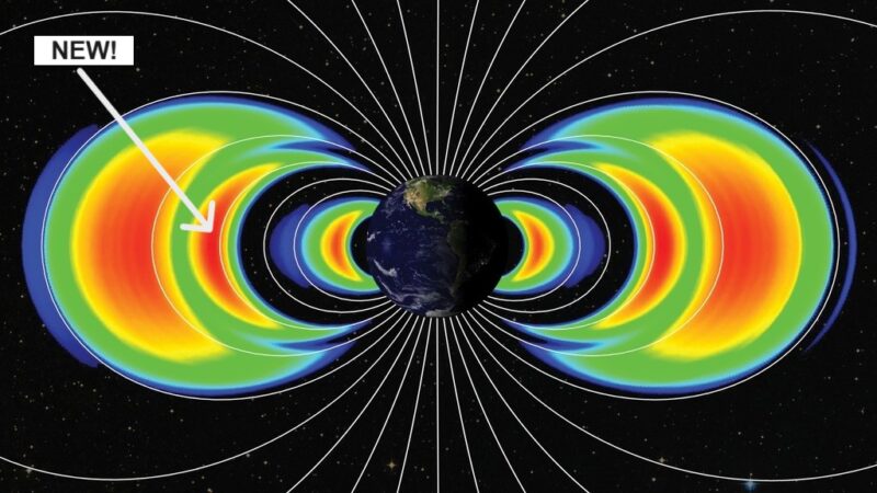 May's solar storm: Diagram with Earth at center and three rings, shown as semi circles on either side of Earth, with rainbow colors.