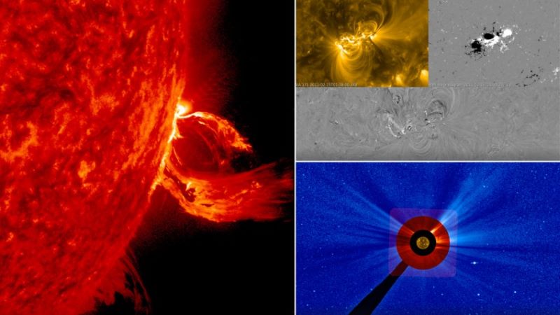 Space storm alerts: Three views of the sun with explosions on it, seen from the side, face on, and around the whole sun.