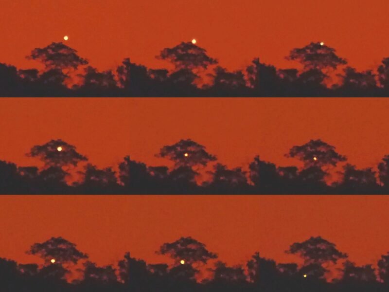 Montage of fiery sunset sky, with bright object sinking lower in each frame: Venus.