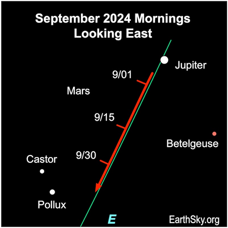 White dot for Jupiter and red line for Mars in September. The stars Pollux, Castor and Betelgeuse are nearby.