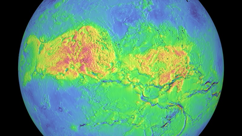 Partial view of blue globe with large yellow region stretching across from left to right, on black background.