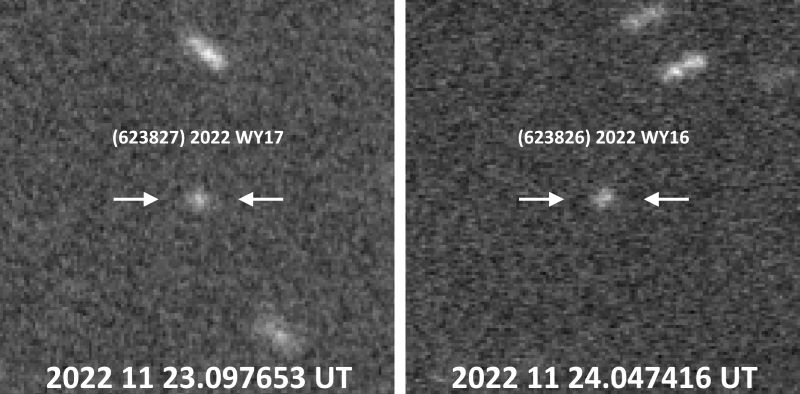 Side-by-side black-and-white images showing white spots with labels for asteroids.