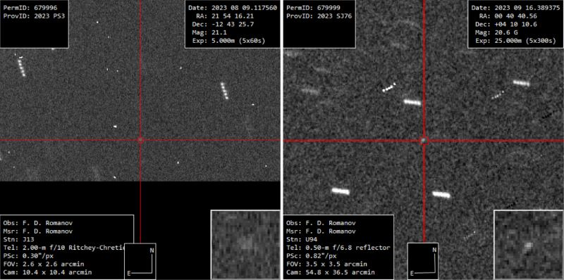 Side-by-side images of black sky with white dots and streaks indicating asteroid movement.