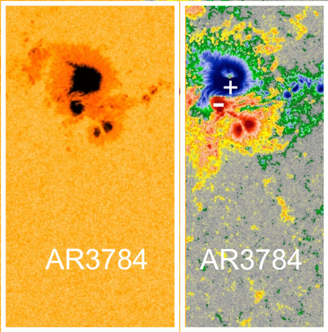 Two panels showing a sunspot region at different wavelengths.