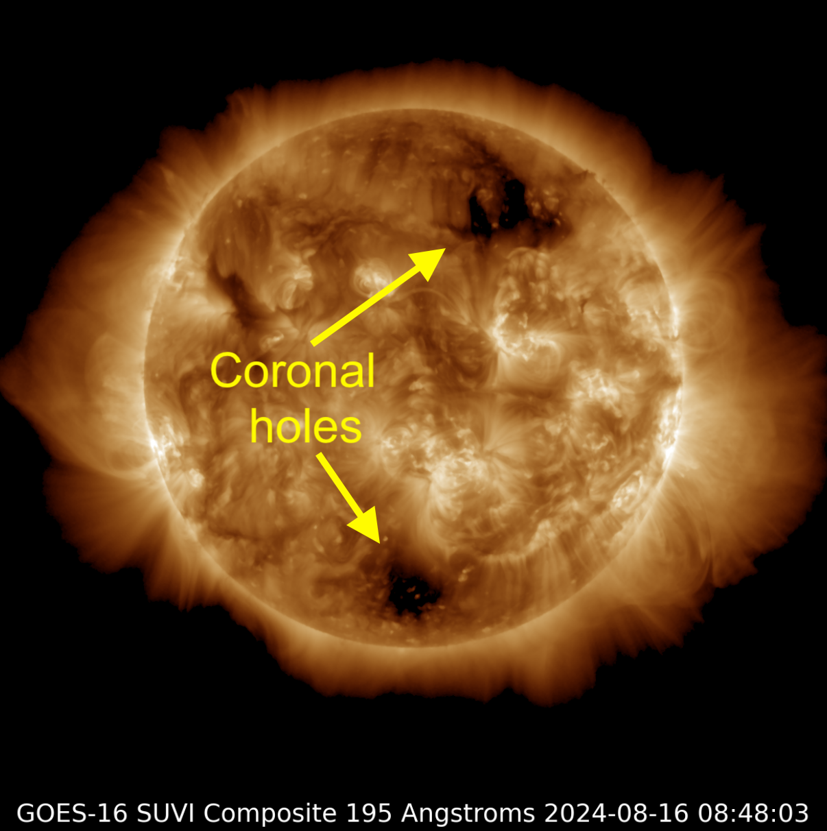 A brown colored sun with a yellow label and arrows pointing at black spots.