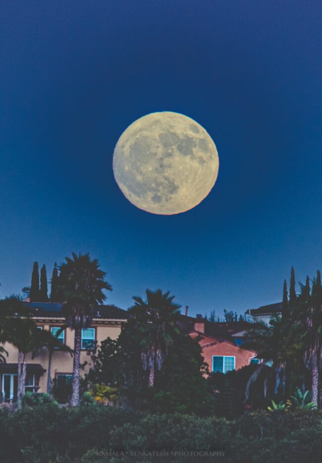 Big grayish moon over some houses, in a clear, blue sky.