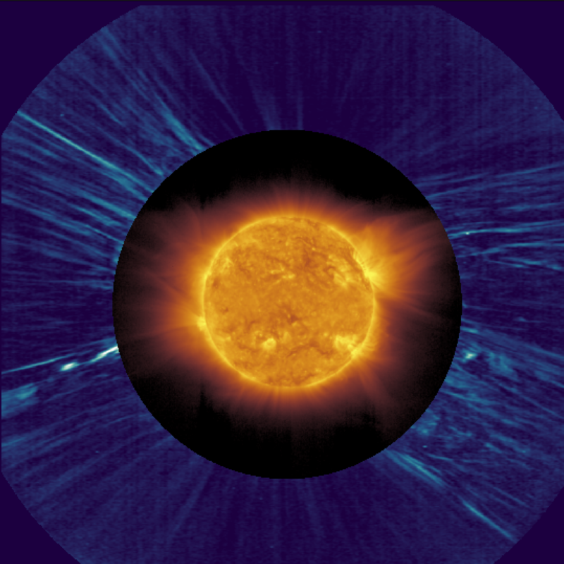 Solar wind: Fiery disk surrounded by flowing filaments, in turn surrounded by a black disk, in turn surrounded by a purple disk with streaming filaments.