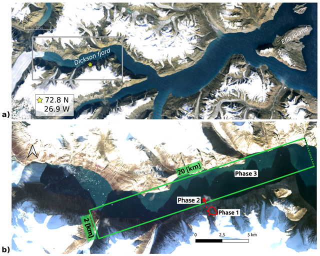 2 orbital views of an ice-enclosed Greenland fjord with a bottom view showing a much higher water level.