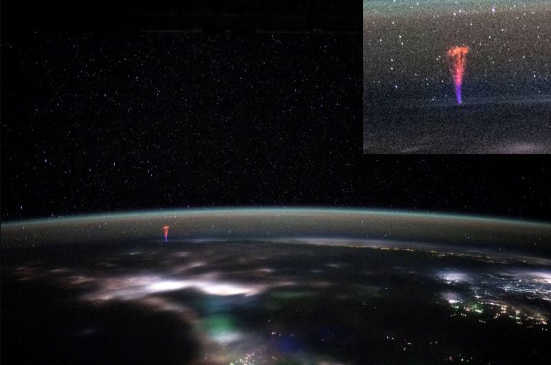 Gigantic jets: Looking down at Earth from space station and long red forked object extending into space and seen closer in an inset.