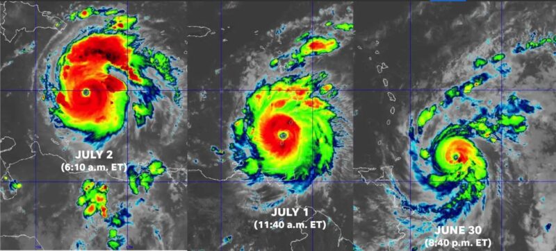 Super-Marine Heatwave: Three side-by-side images of whirling clouds colored to indicate wind speed. 