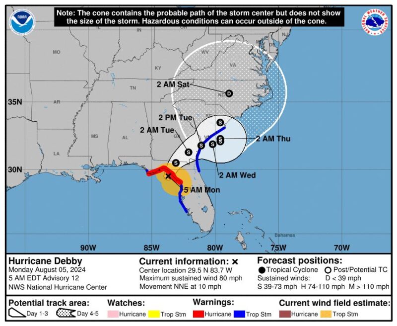 Map of southeastern US, with hurricane path over Florida, Georgia, and South Carolina.