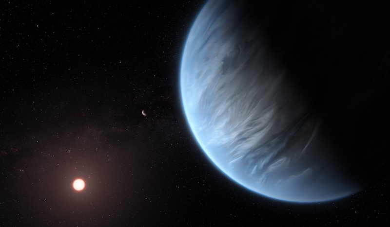 Water on exoplanets: Bluish planet with feathery clouds in its atmosphere and bright sun in distance.