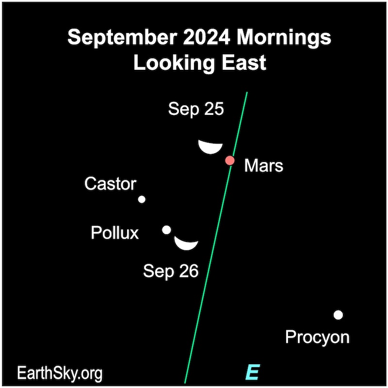 Moon on September 25 and 26 near Mars, Pollux, Castor and Procyon.