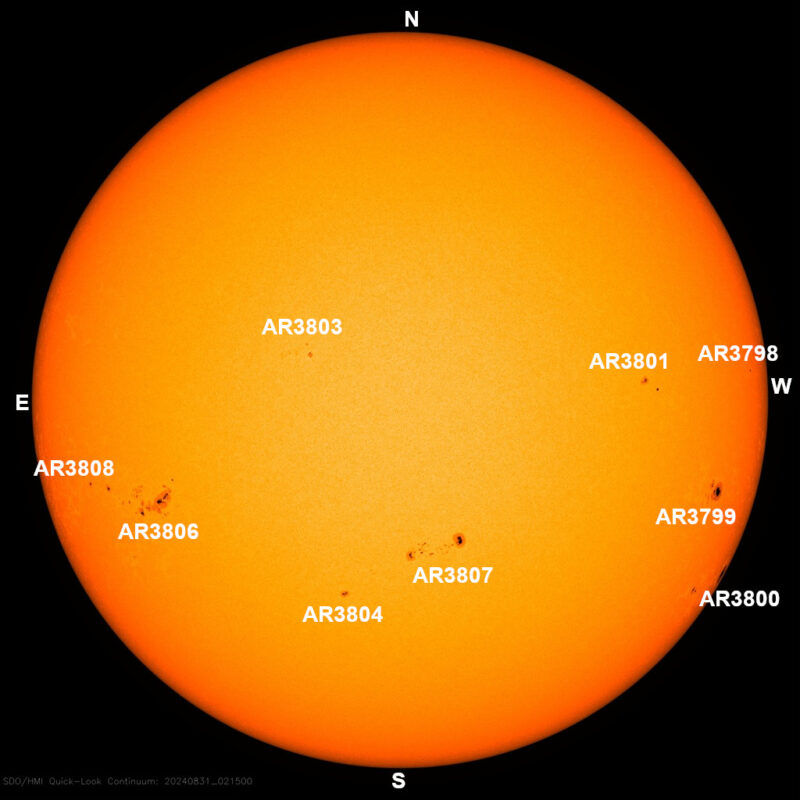 The sun, seen as a large yellow sphere with dark spots, each labeled.