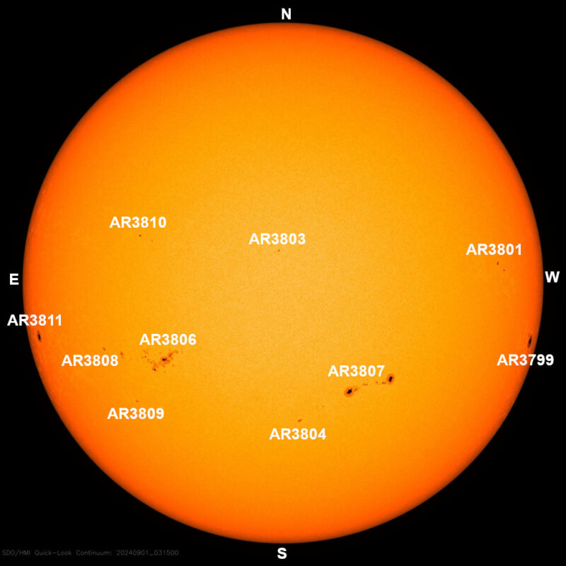 The sun, seen as a large yellow sphere with dark spots, each labeled.