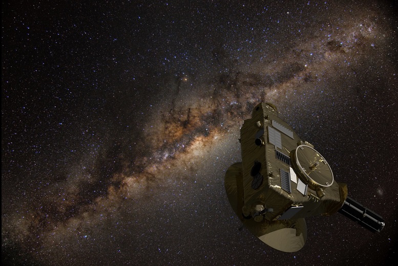 New Horizons: A spacecraft in the foreground with an image of the Milky Way galaxy behind.