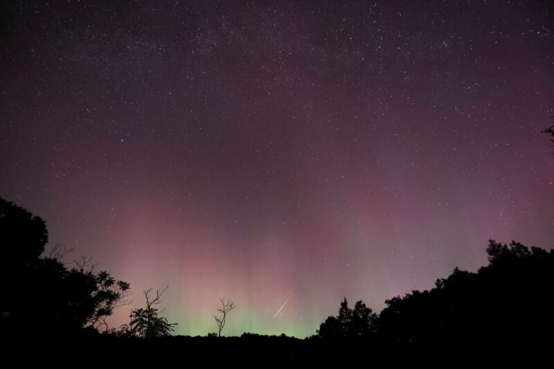 Gray sky with many stars and columns of pink coming from the ground. There is a little of green in the horizon.