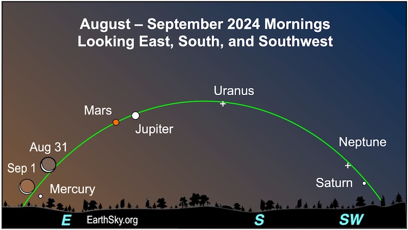 See 6 planets: Chart showing a green arcing line along a wide horizon showing the planets Mercury, Mars, Jupiter, Uranus, Neptune, Saturn and the moon with labels.