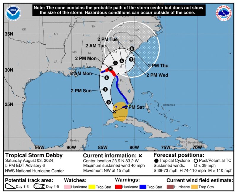 Tropical storm Debby: Map of southeastern US showing a cone in white spiraling onto northern Florida and across to southeastern South Carolina.