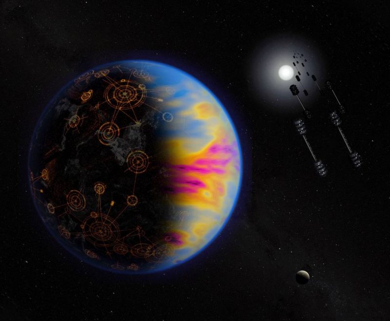 Blue planet with yellowish clouds and several concentric rings on its surface. A swarm of dumbbell-shaped objects float nearby in space, the white sun is visible in the distance.