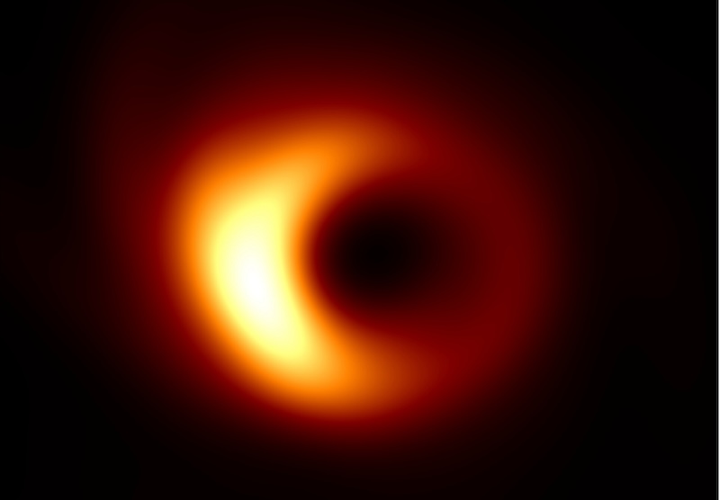 Direct black hole images: Blurry-looking yellowish-reddish donut-like ring with bright white spot on left side.