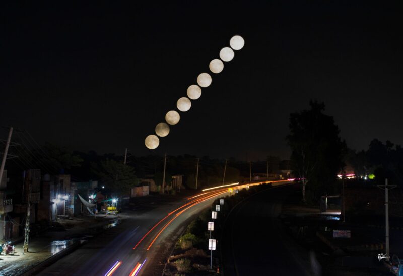 Nine images of a full moon in a line. The ones at the bottom left look darker and have some light clouds covering them. The ones at the top right look white and bright.