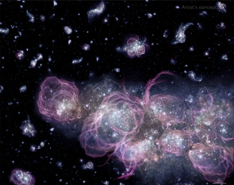 Many wispy, purplish bubbles filled with clusters of stars in black space.