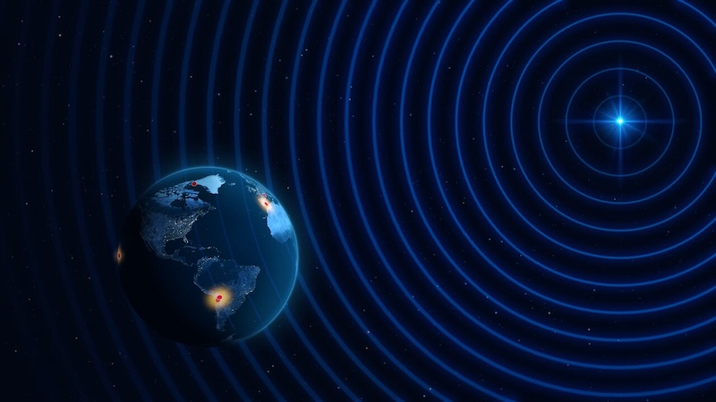 Diagram of Earth with telescope locations and distant star-like object sending out electromagnetic signals toward Earth.