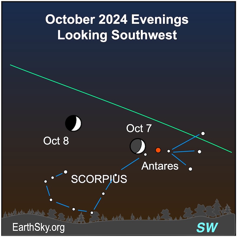 Star chart of moon on October 7 and 8 near Antares and Scorpius.