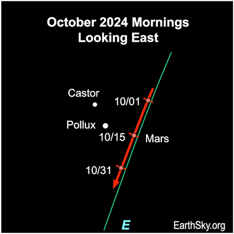 Mars in October with a red arrow showing its position over several weeks near Pollux and Castor.