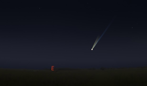 Star chart showing a dark sky with a comet near the horizon, over the letter E for east.