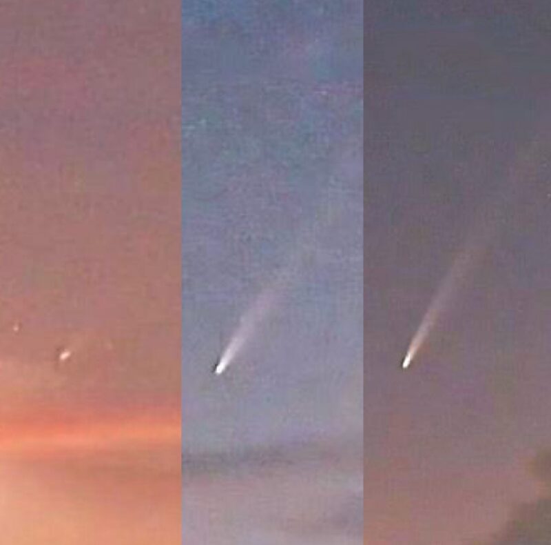 Three images of the comet, with the left showing little tail and progressing toward the right.