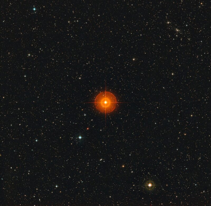 A reddish-orange star at center with dimmer stars all around.