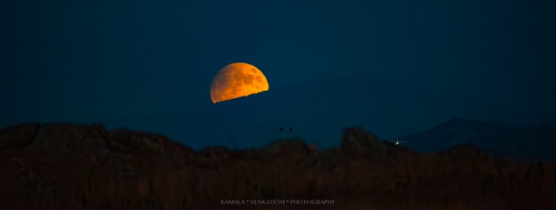 Orangish moon peeping out from above a forested hillside.