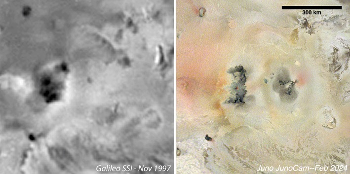 Black-and-white image on left and beige-reddish on right showing a region on moon Io with different pockmarks.