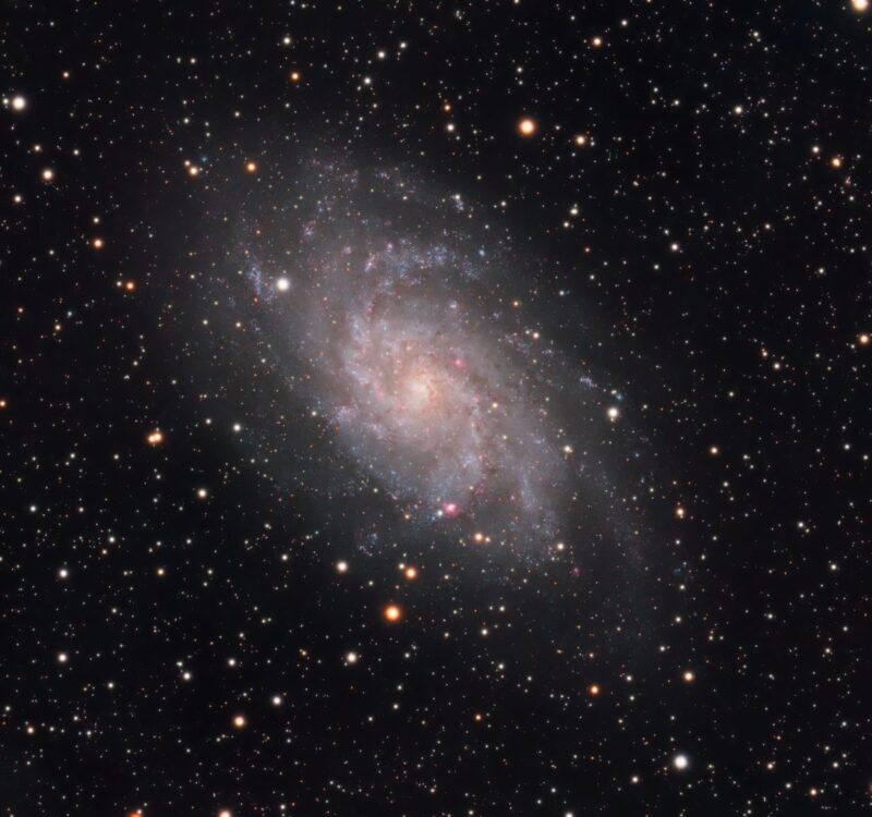 Large, yellowish, fuzzy spiral galaxy with red patches and thousands of foreground stars.