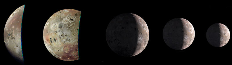 Five different views of the moon Io in beige and grey shades on a black background, showing mostly crescent phases and its pockmarked surface.