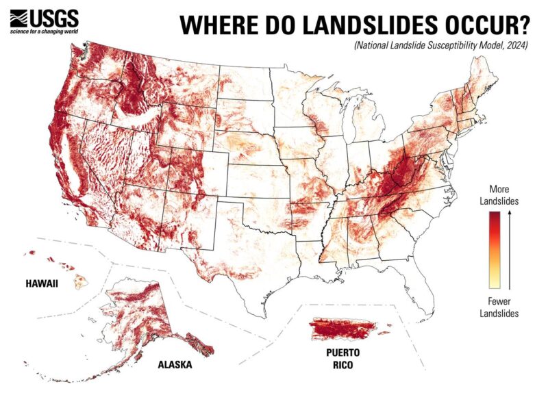 Threat of landslides: Map of the US with shadings from white to yellow to red. Flat areas are white.