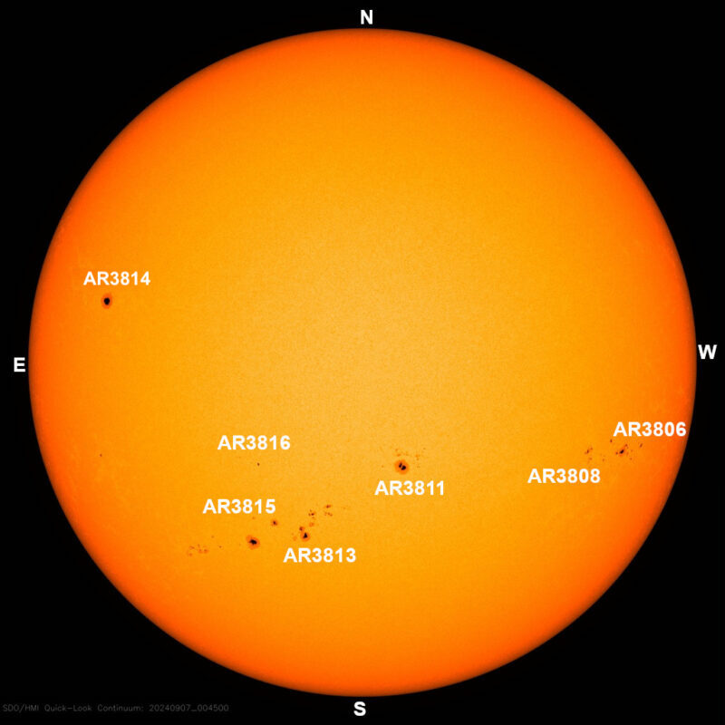 The sun, seen as a large yellow sphere with dark spots, each labeled.