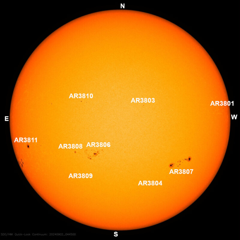 The sun, seen as a large yellow sphere with dark spots, each labeled.