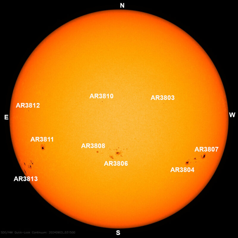 The sun, seen as a large yellow sphere with dark spots, each labeled.