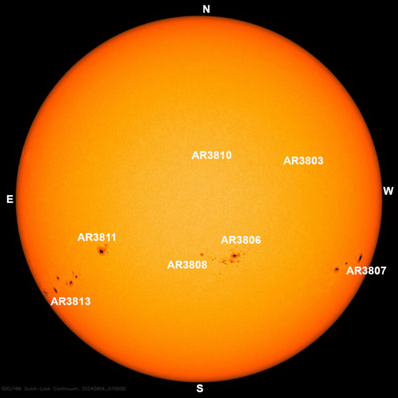 The sun, seen as a large yellow sphere with dark spots, each labeled.