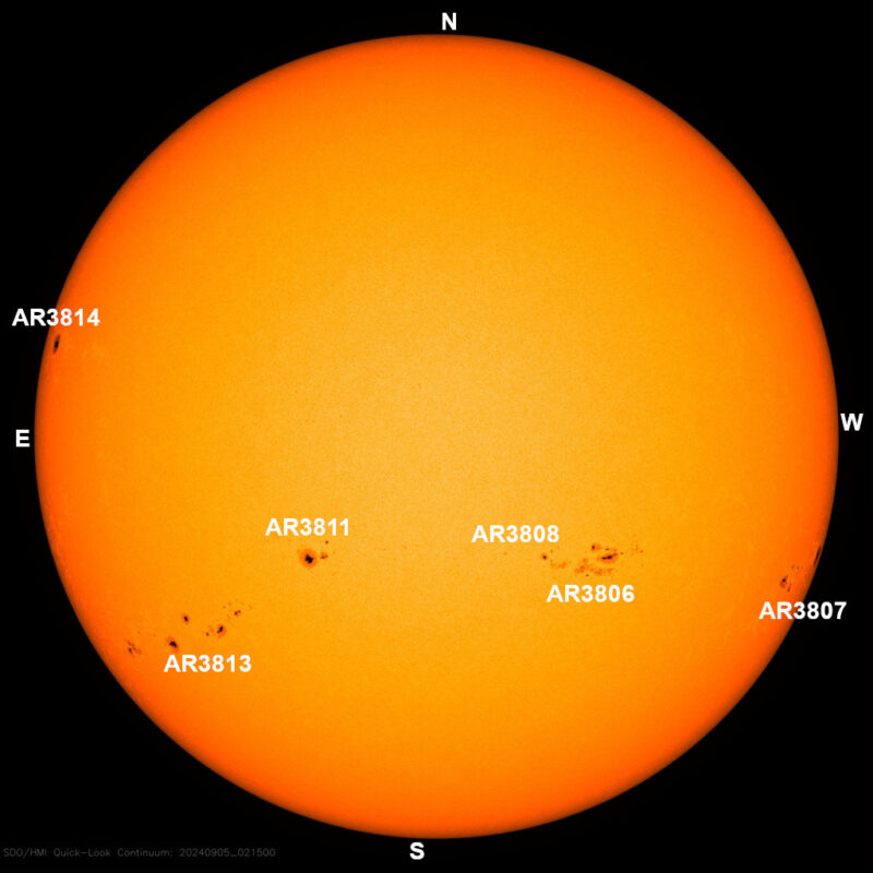 The sun, seen as a large yellow sphere with dark spots, each labeled.