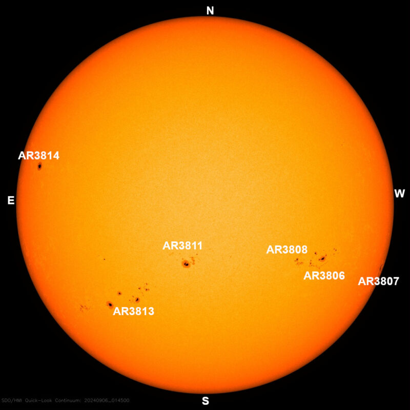 The sun, seen as a large yellow sphere with dark spots, each labeled.