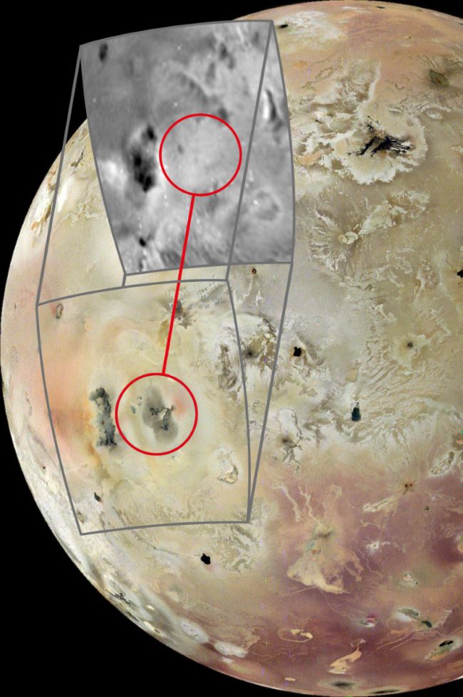 A pockmarked moon Io in beige with dark spots and reddish south pole, with an inset of a black-and-white area absent one of the pockmarks.