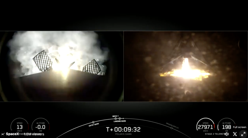 A split screen. Left, a rocket engine firing. Right, the bottom end of a rocket above a column of fire.