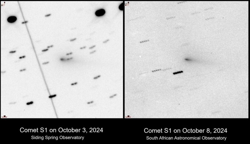 Black and white side by side of a comet and a thinner looking sungrazer comet. 